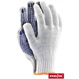 Grube-białe-rękawice-dzianinowe-bawełniano-poliestrowe-jednostronnie-nakrapiane-niebieskim-PVC - RDZN600