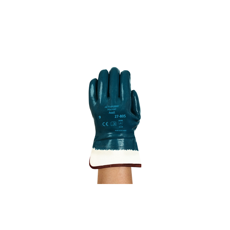 Rękawice-wykonane-z-dzianiny-bawełnianej-oblane-w-całości-granatowym-nitrylem-zakończone-mankietem - ANSELL-HYCRON® 27-805