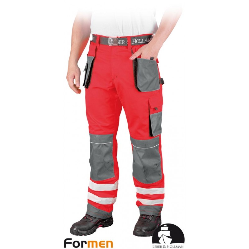 Spodnie-o-intensywnej-widzialności-z-pasami-odblaskowymi-i-dużą-ilością-kieszeni - LH-FMNX-T-czerwono-stalowo-czarne