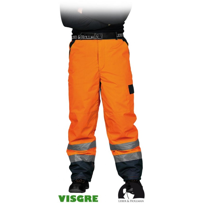 Spodnie-ochronne-ocieplane-z-fluorescencyjnej-tkaniny-z-pasami-odblaskowymi-wodoodporne - LH-VIBETRO-pomarańczowo-granatowe