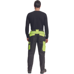 Męskie-spodnie-ochronne-elastyczny-pas-liczne-kieszenie-elementy-odblaskowe - MAX-VIVO-czarny-żółty-tył