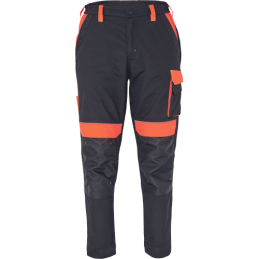 Męskie-spodnie-ochronne-elastyczny-pas-liczne-kieszenie-elementy-odblaskowe - MAX-VIVO-czarny-pomarańczowy