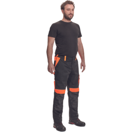 Męskie-spodnie-ochronne-elastyczny-pas-liczne-kieszenie-elementy-odblaskowe - MAX-VIVO-czarny-pomarańczowy