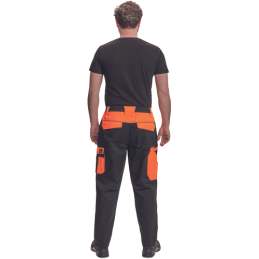 Męskie-spodnie-ochronne-elastyczny-pas-liczne-kieszenie-elementy-odblaskowe - MAX-VIVO-czarny-pomarańczowy-tył