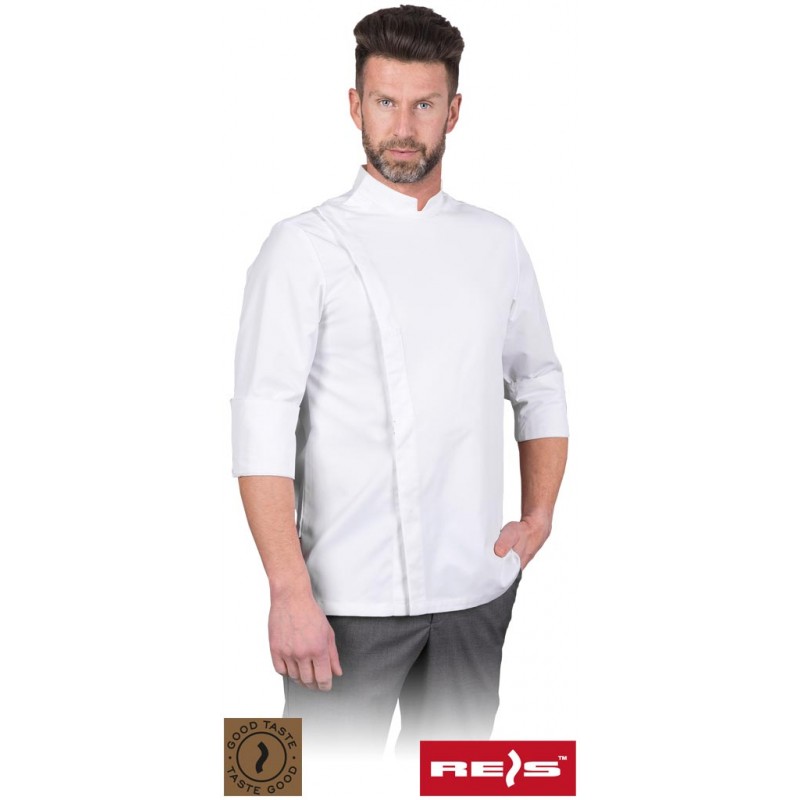 Bluza-zawodowa-kucharska-z-długim-rękawem-wykonana-z-tkaniny-poliestrowej-zapinana-na-zatrzaski - TANTO-M-biały