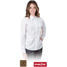 Damska-koszula-z-długim-rękawem-wykonana-z-tkaniny-poliestrowo-bawełnianej-do-pracy-w-gastronomii - FESTIVO-L-biały