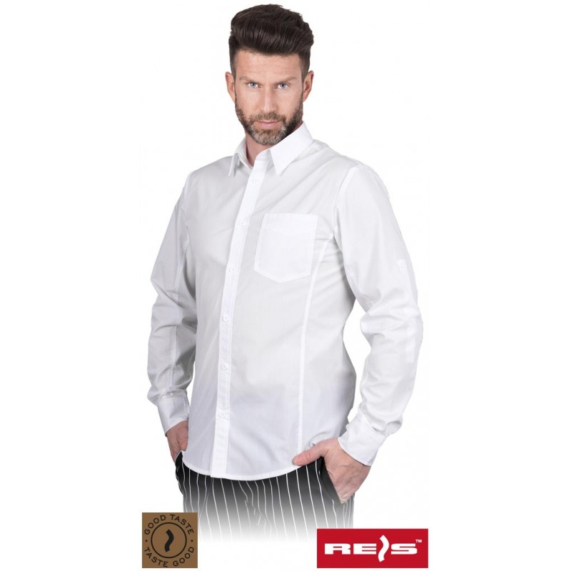 Męska-koszula-z-długim-rękawem-wykonana-z-tkaniny-poliestrowo-bawełnianej-do-pracy-w-gastronomii - FESTIVO-M-biały