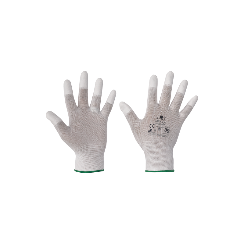 Białe-rękawice-ochronne-poliestrowe-powlekane-białym-poliuretanem-na-końcach-palców - FF-LARK-LIGHT