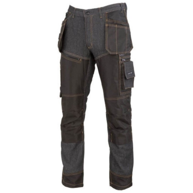 Męskie-spodnie-robocze-jeansowe-duża-ilość-kieszeni-podwójne-szwy-wzmocniony-krok-i-przód-nogawek - LAHTI-L40528-czarny